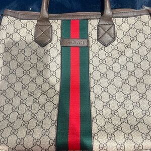Gucci  Beige Monogram Tote with Green-Red Web Stripe- strap included.